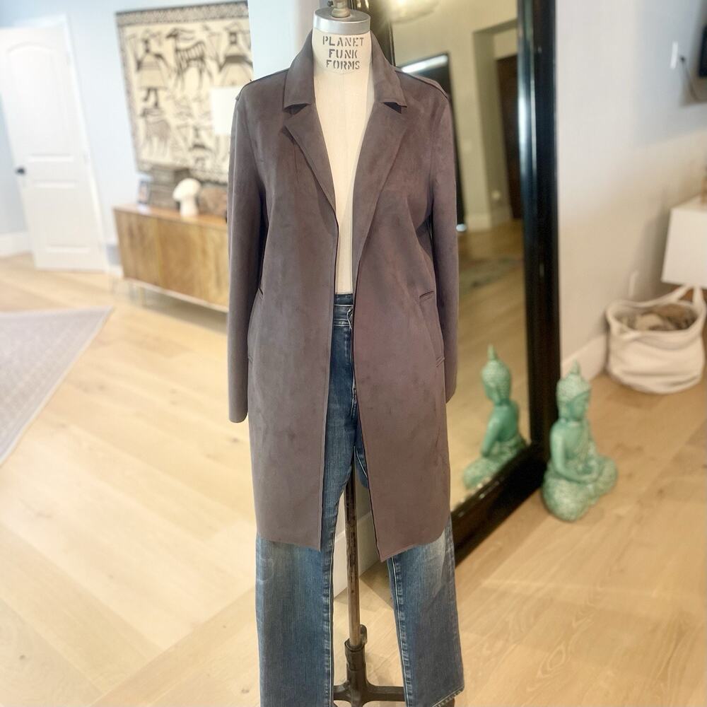 Tahari T Womens Gray Faux Suede Overcoat Mid-Length Open Front Pockets S/P
